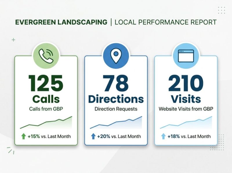 Visual representation of local search performance metrics, including map views, calls, and website clicks from Google Business Profile.