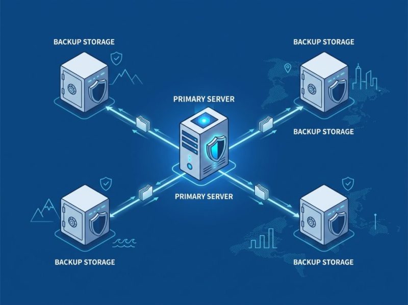 Illustration of multiple redundant data backup locations, ensuring complete data integrity and rapid recovery for businesses.
