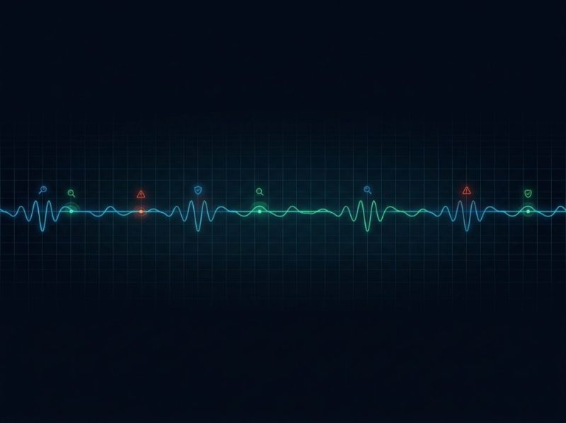 Abstract visual representing continuous security scanning and real-time threat detection across a digital timeline.